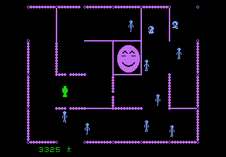 Verpixelte Spielszene mit einer grünen Figur in einem Labyrinth. Ein lächelndes Gesicht und andere Figuren sind vorhanden.