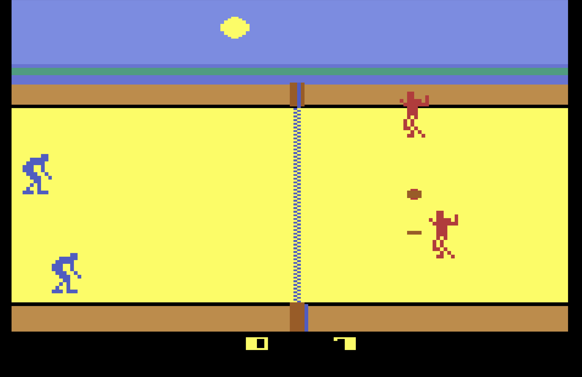 Retro-Videospielbildschirm mit gelbem Hintergrund, blauen vs. roten Figuren, einem Volleyballnetz und einem schwebenden Ball.