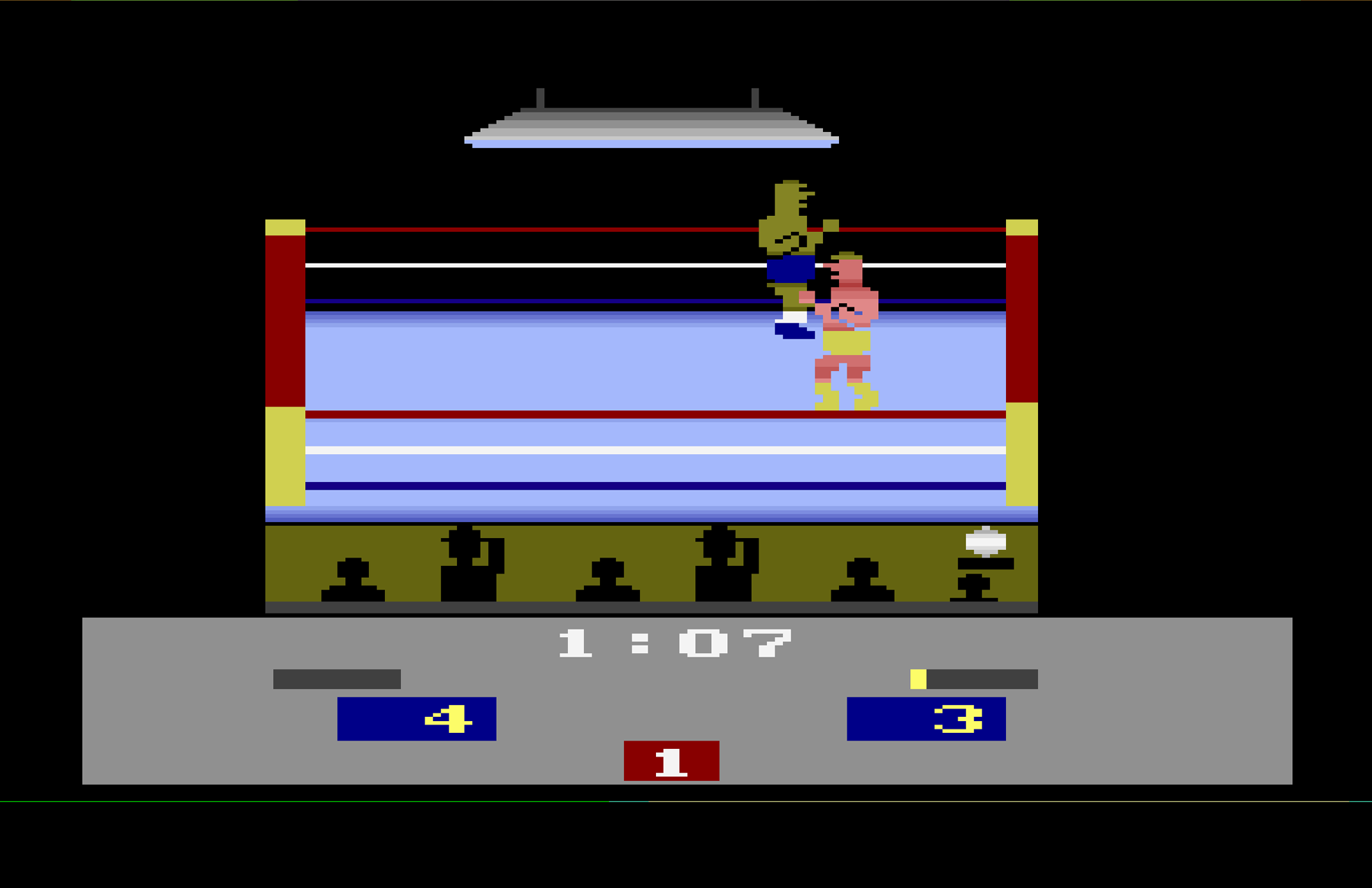 Retro-Box-Videospielszene. Zwei Boxer kämpfen im Ring. Anzeigetafel unten.