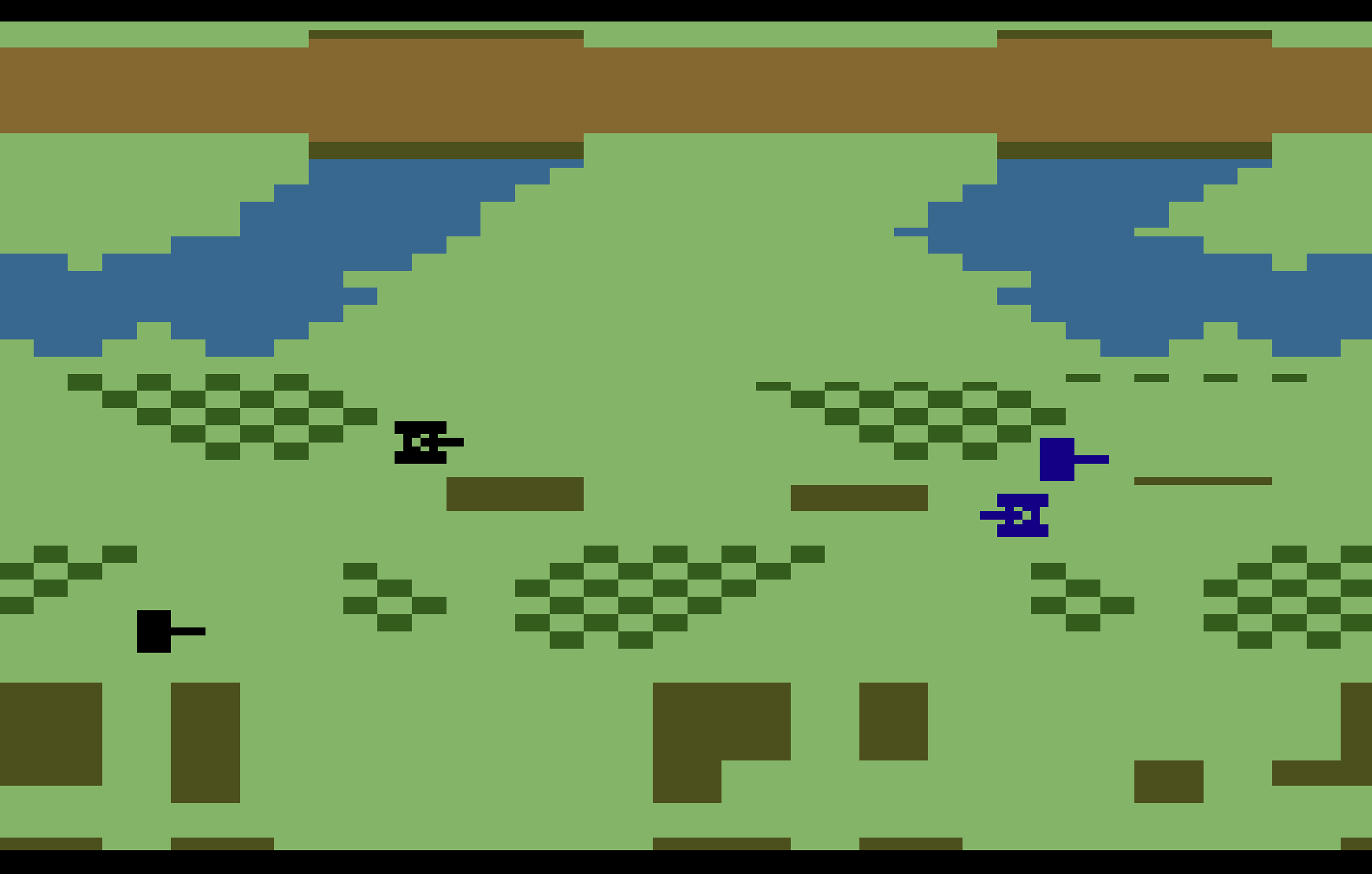 Eine Retro-Videospielszene mit Panzern und Gelände.