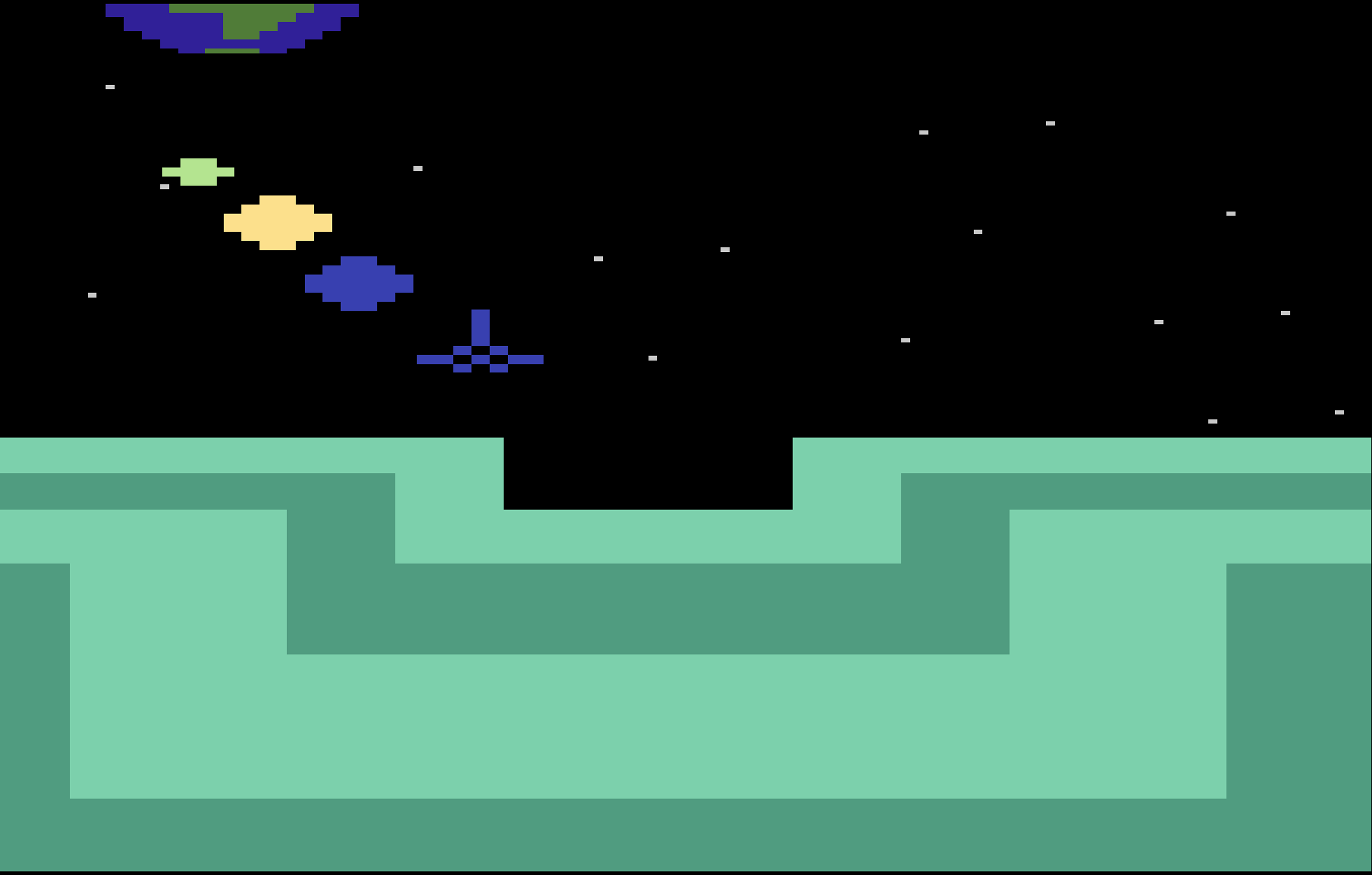 Retro-Videospielszene: Blaues Raumschiff schießt auf Feinde im Weltraum über grüner Landschaft.