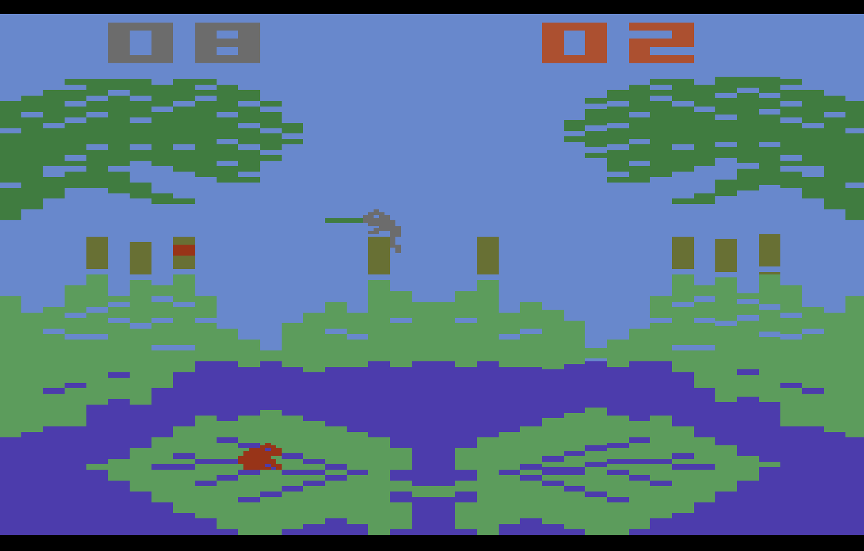 8-Bit-Videospielbildschirm. Eine graue Figur springt über Baumstämme in einem Sumpf.
