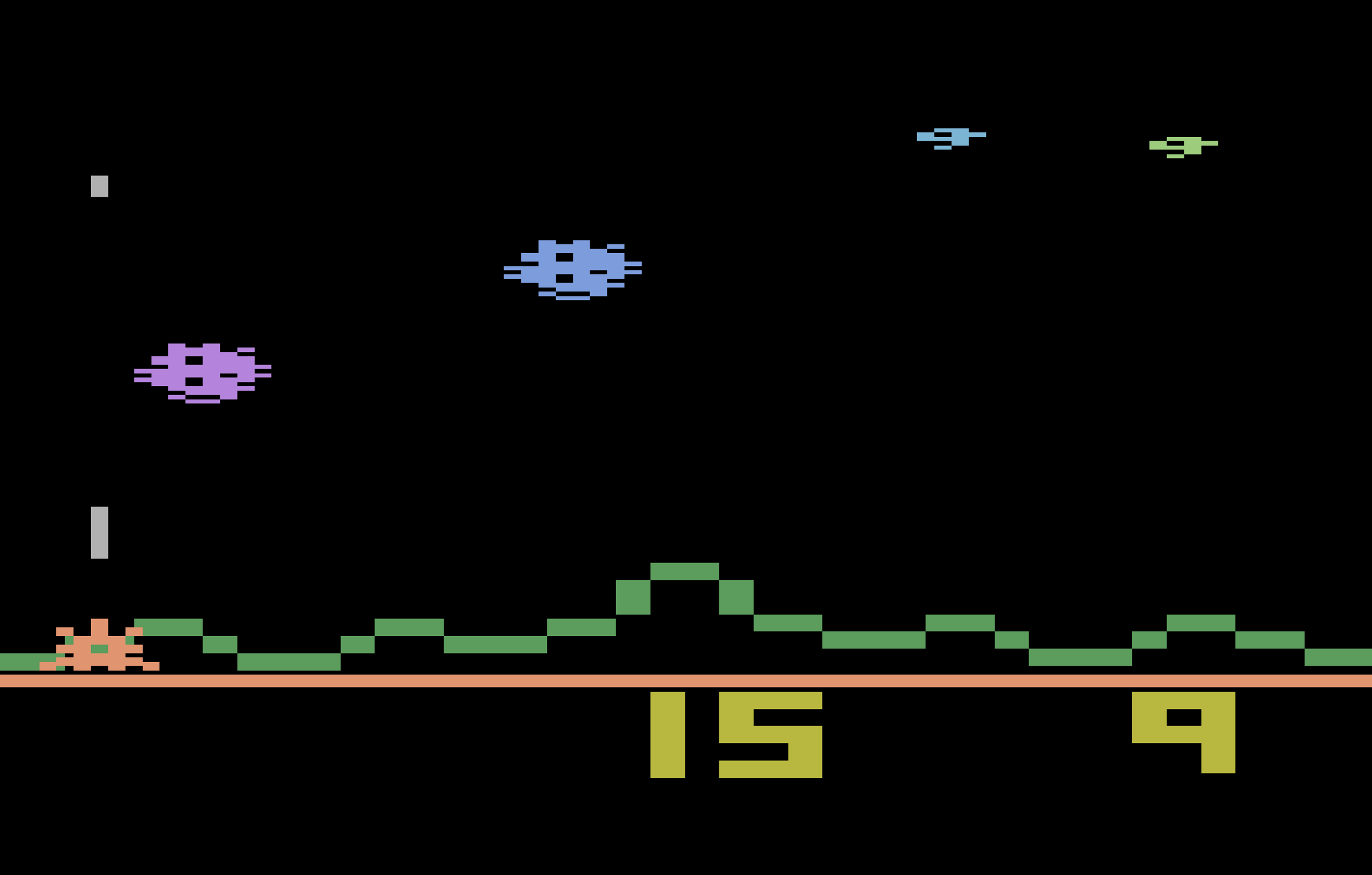 Ein Retro-Videospiel-Bildschirm. Das Spiel zeigt pixelige Raumschiffe und eine Landschaft mit Zahlen.