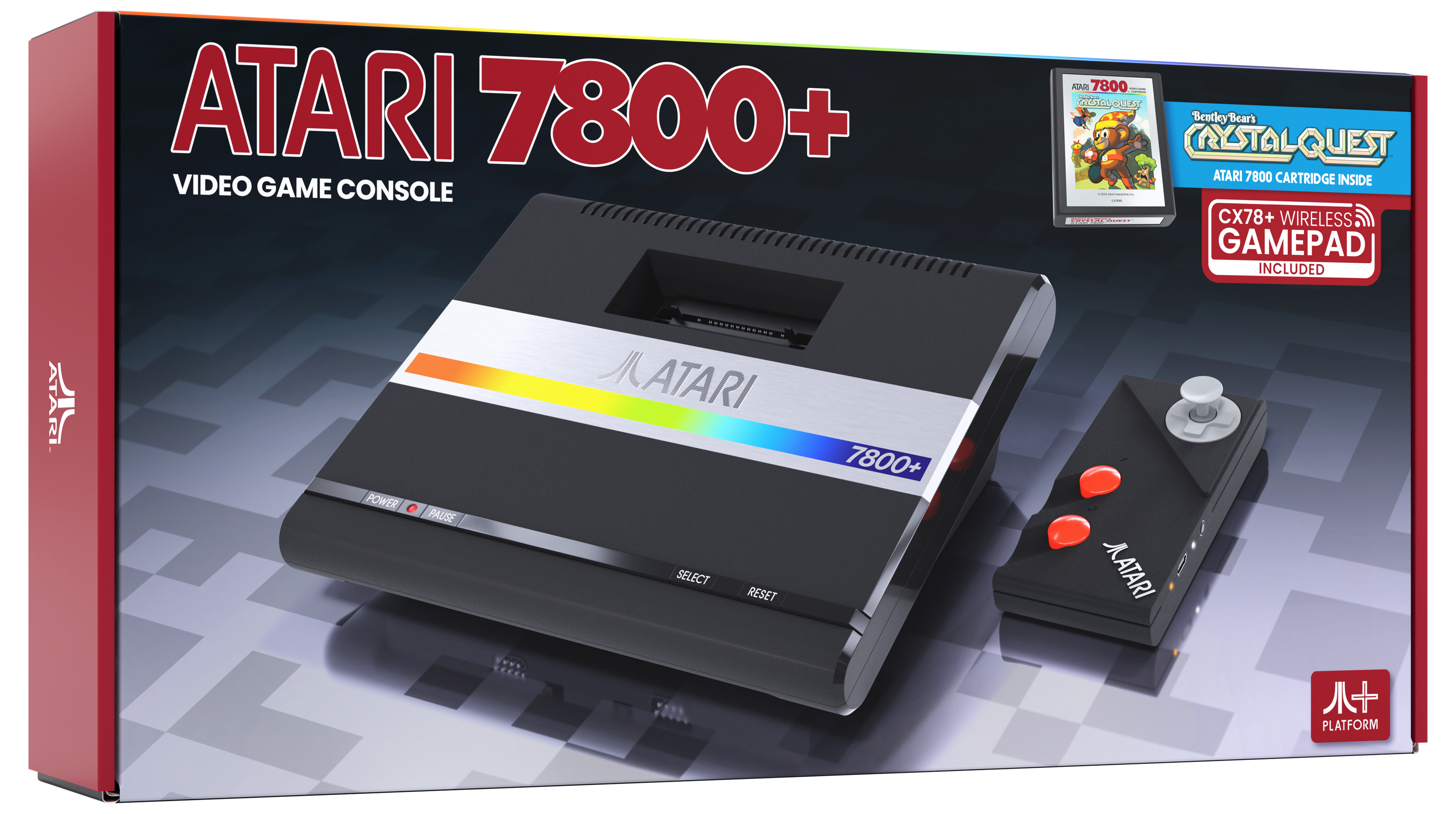 Atari 7800+ Konsolenbox, mit Spielkassette und drahtlosem Gamepad im Inneren.
