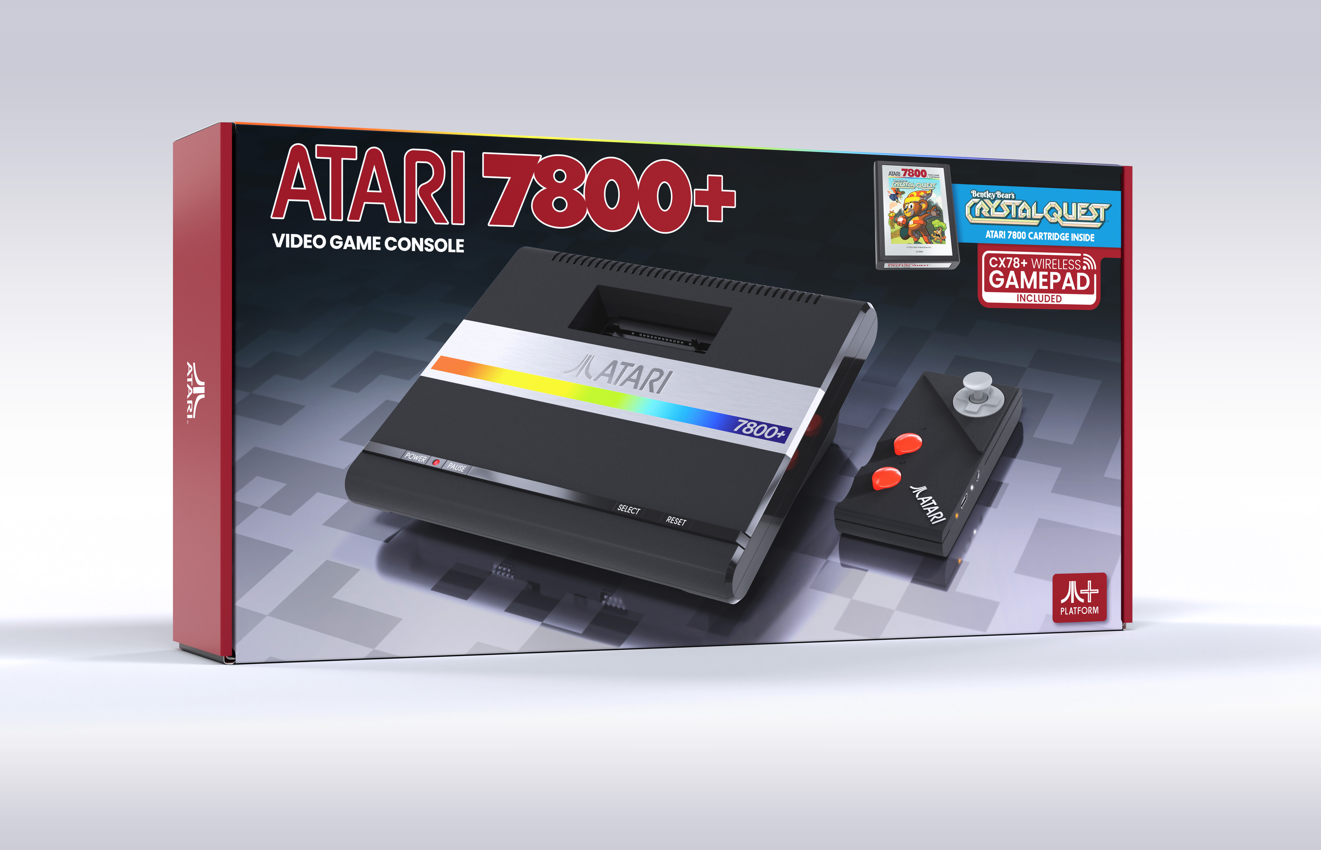 Atari 7800+ Videospielkonsolenbox, schwarze Konsole und Controller.