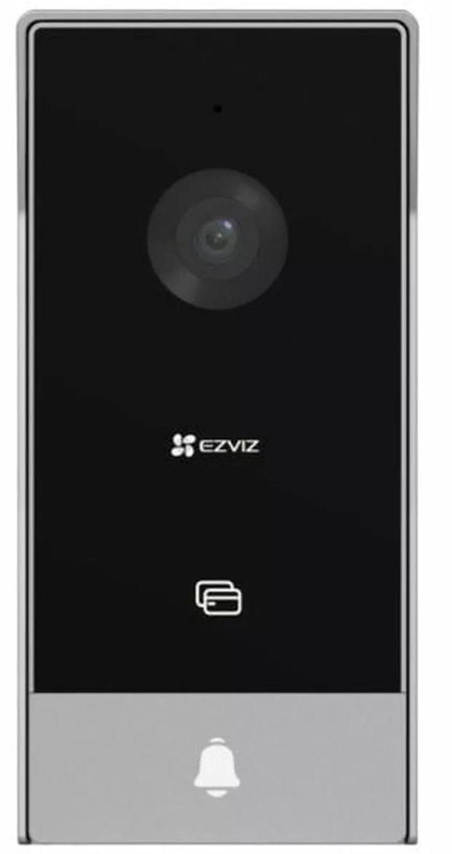 Fekete-ezüst EZVIZ videó csengő kamera, logó és csengő ikonnal.