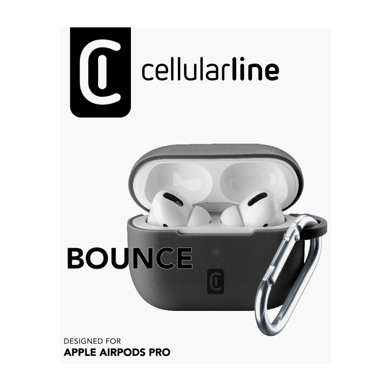 Una custodia grigia con AirPods. La custodia ha un moschettone e la scritta "Bounce".