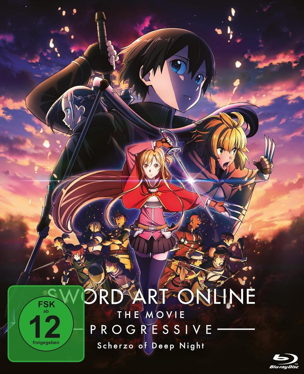 Anime-Filmcover: 'SWORD ART ONLINE'-Charaktere mit Schwertern, mit blau-violettem Hintergrund.