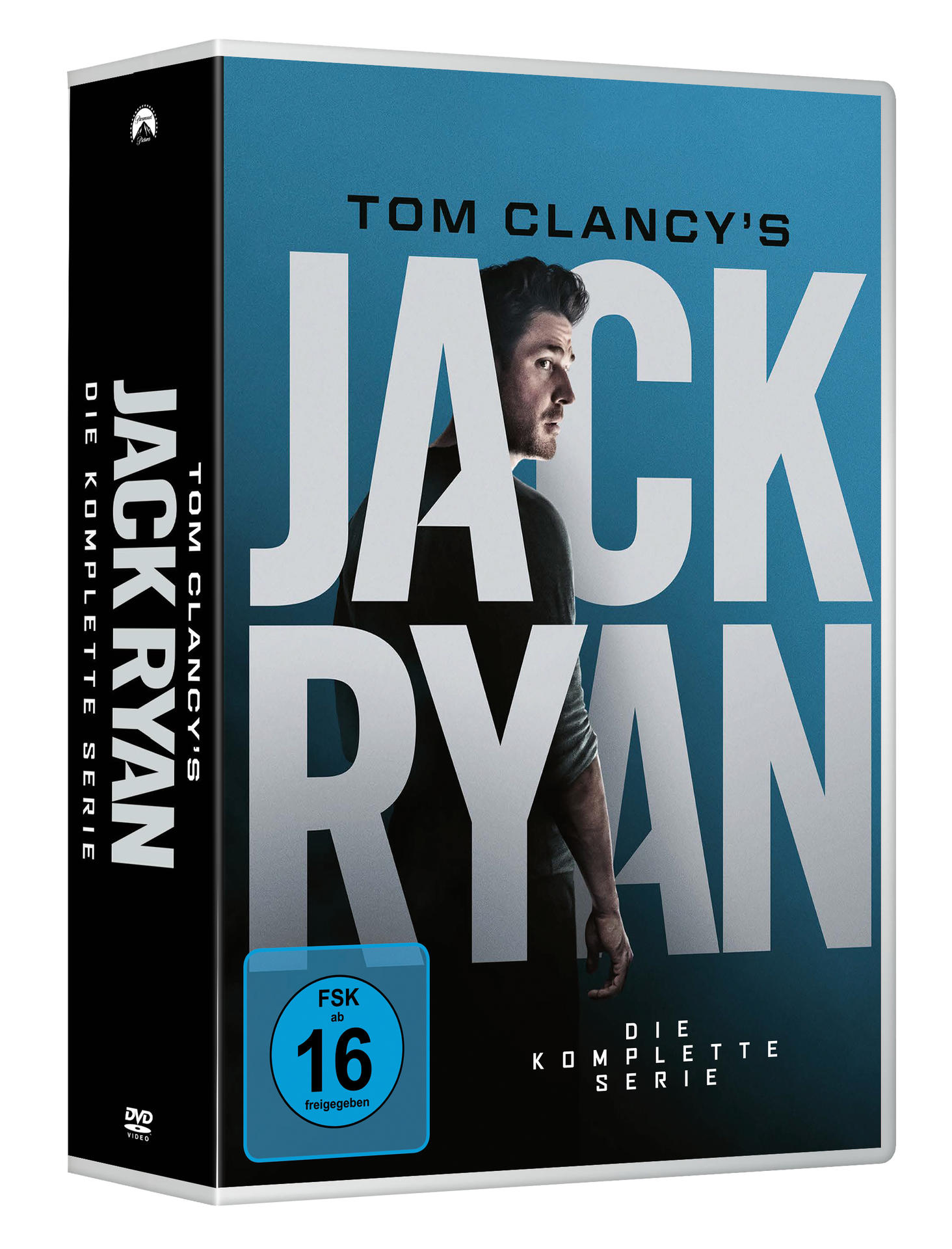 DVD-Box-Set für 'Jack Ryan' mit dem Gesicht des Schauspielers. Blauer Hintergrund und Titeltext.