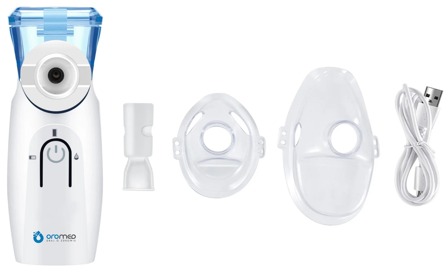 Biały nebulizator, dwie maski, ustnik i kabel USB na białym tle. Wszystko jest białe.