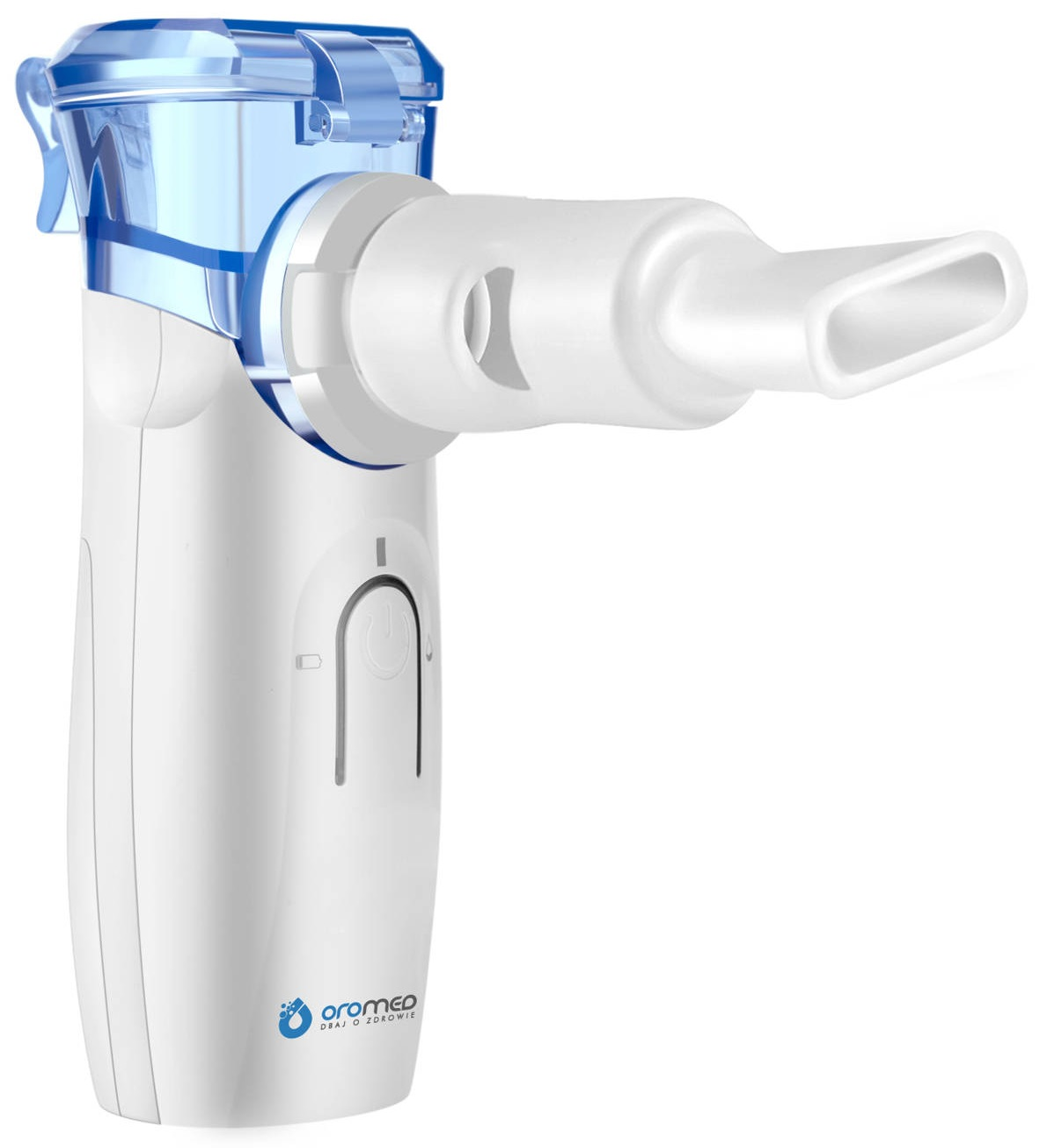 Biało-niebieski nebulizator medyczny z ustnikiem. Ma zakrzywioną konstrukcję i widoczną markę 'oromed'.