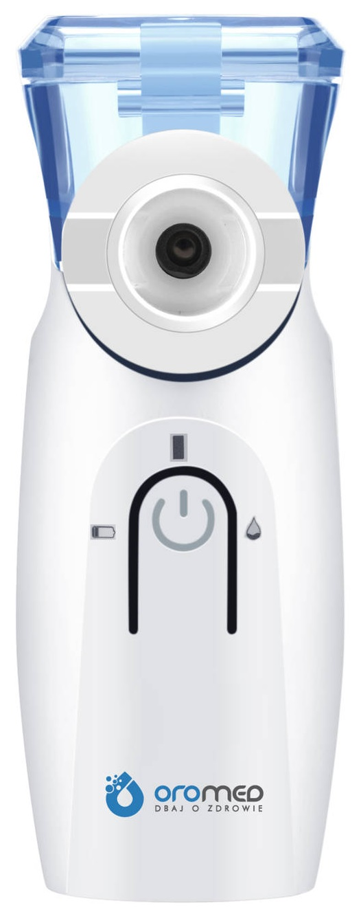 Biało-niebieski nebulizator medyczny. Ma przezroczysty niebieski wierzch, biały korpus z przyciskiem zasilania i logo. Urządzenie jest ustawione pionowo.
