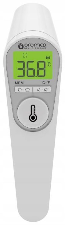 Biały termometr na podczerwień z zielonym wyświetlaczem pokazującym 36,8 stopni Celsjusza. Zawiera przyciski i ikonę termometru.