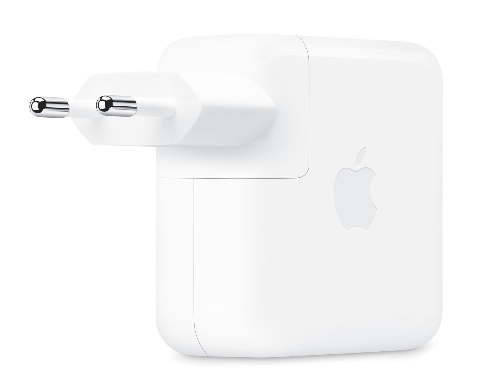 Biała ładowarka Apple z dwoma srebrnymi bolcami.