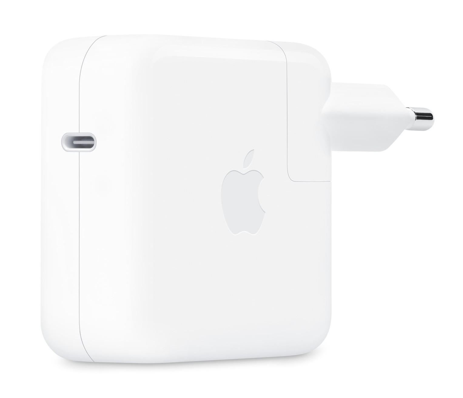 Biała ładowarka Apple z portem Lightning i logo Apple.