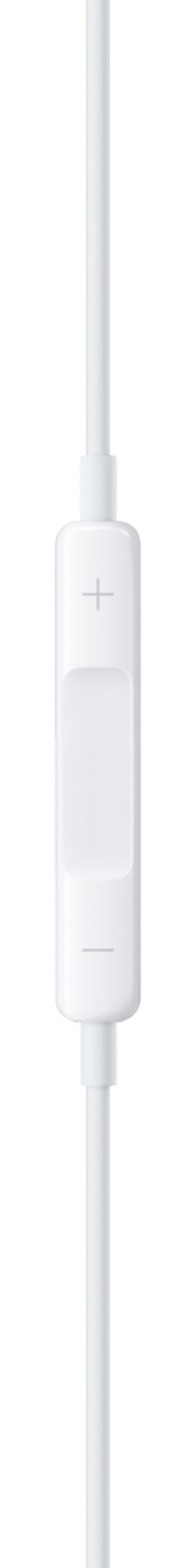 Biały kabel z pilotem inline, przyciski plus i minus.