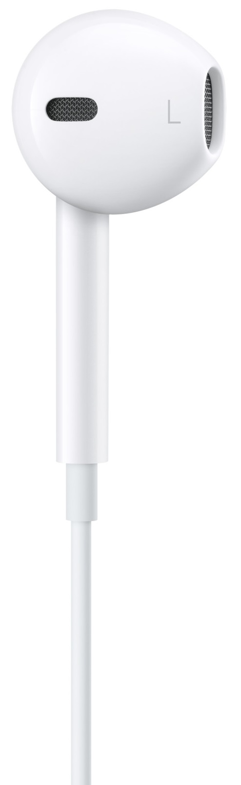Biały słuchawka z przewodem. Słuchawka ma oznaczenie L.