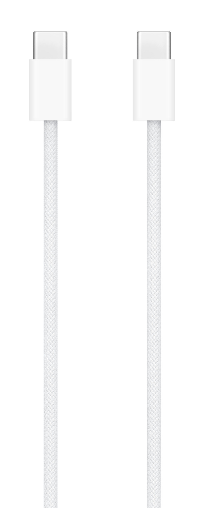 Dwa białe kable USB-C, równoległe na białym tle. Oba kable mają białe złącza.