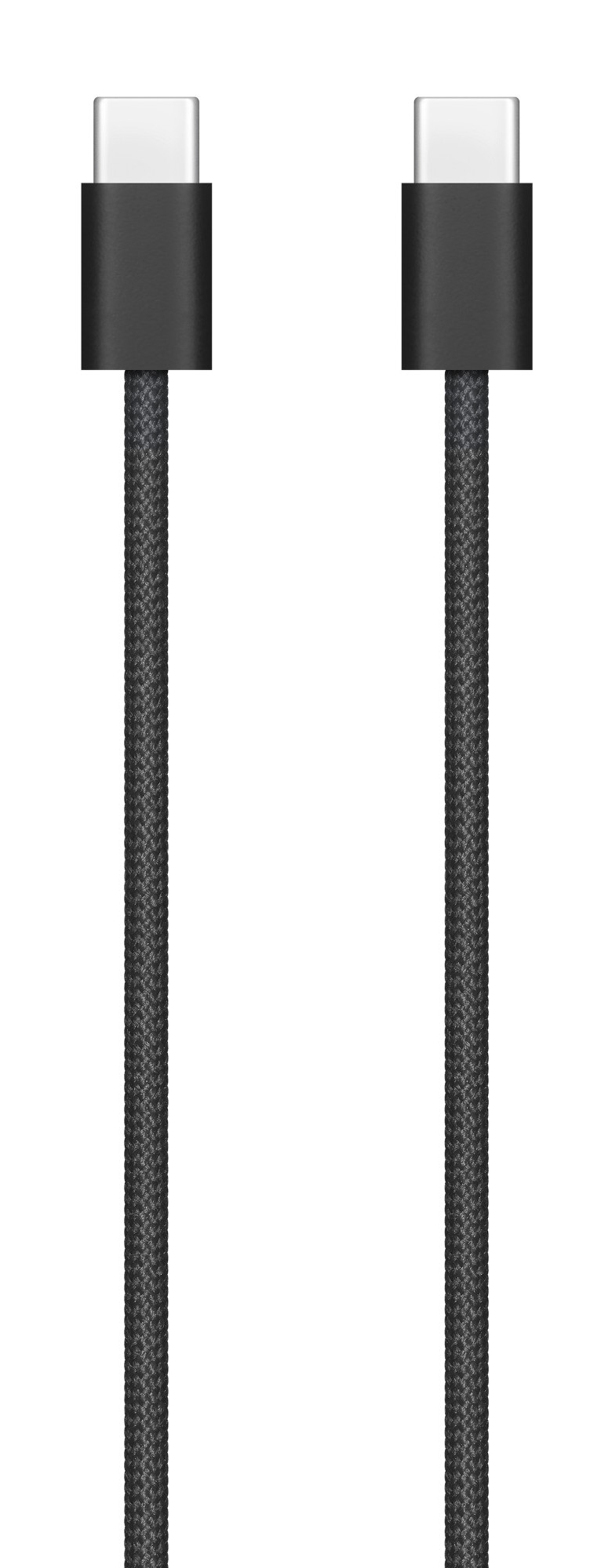 Dwa czarne kable USB-C z białymi wtyczkami na białym tle. Kable są ustawione pionowo.