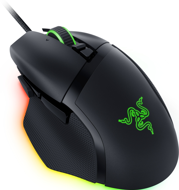 Eine schwarze Gaming-Maus mit grünen und roten Lichtern.