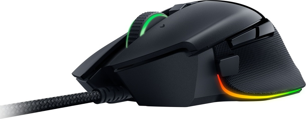 Schwarze Gaming-Maus mit strukturierter Seite und farbenfroher Beleuchtung.