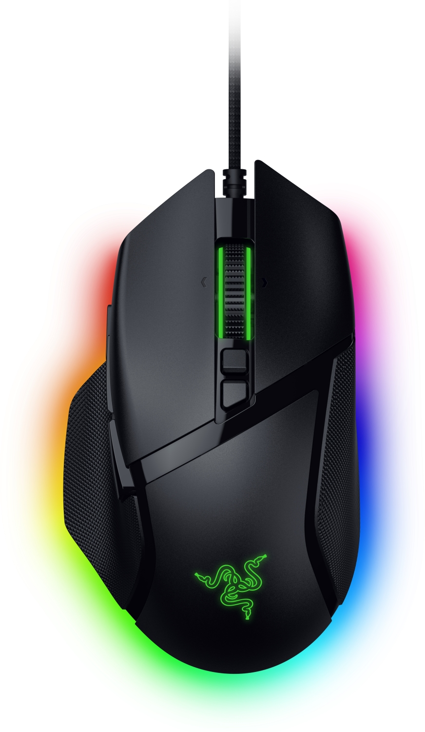 Schwarze Razer Gaming-Maus mit grünem Logo, beleuchtet mit Regenbogenfarben.