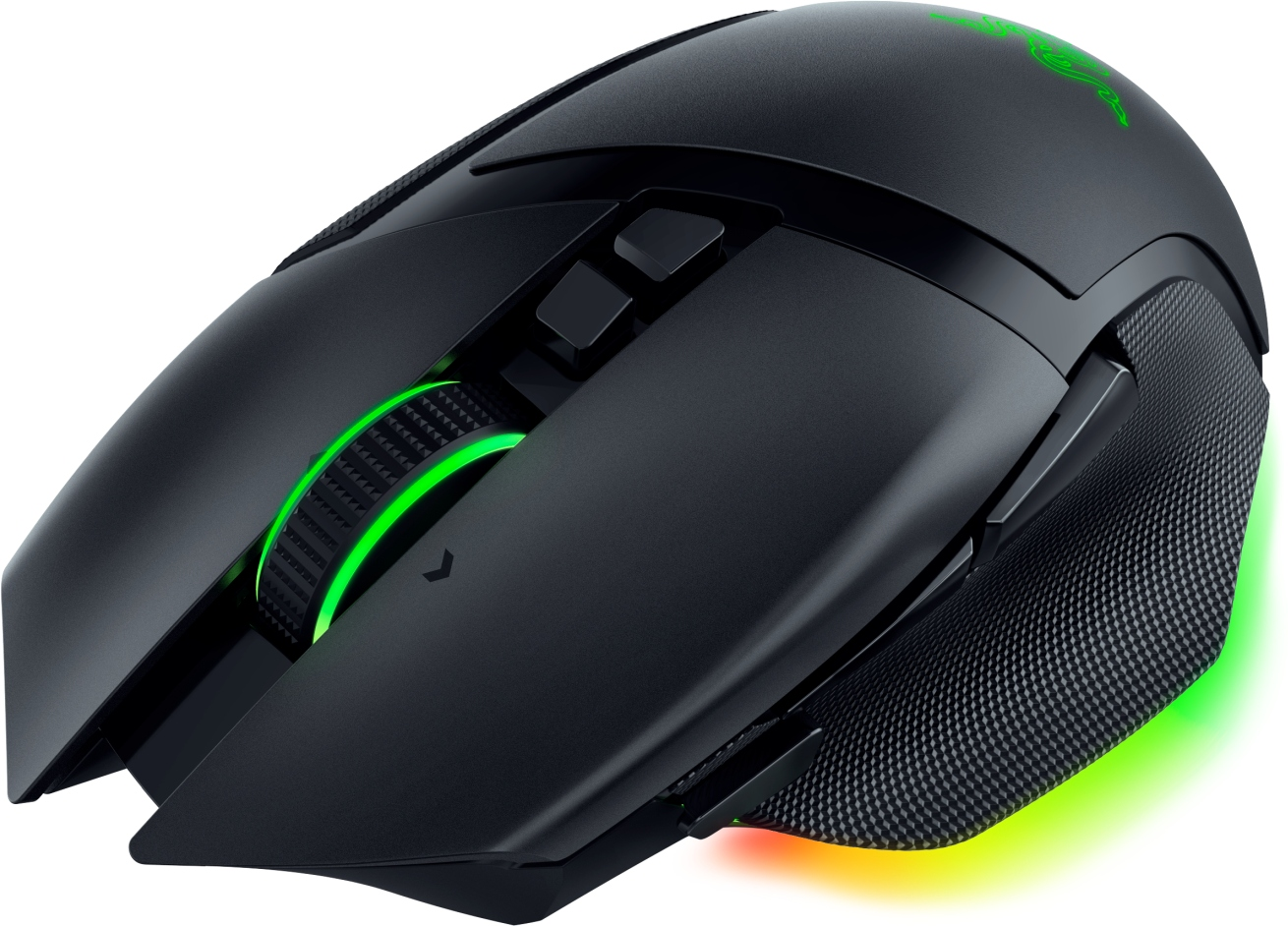 Mouse da gioco Razer nero con illuminazione verde e rossa.