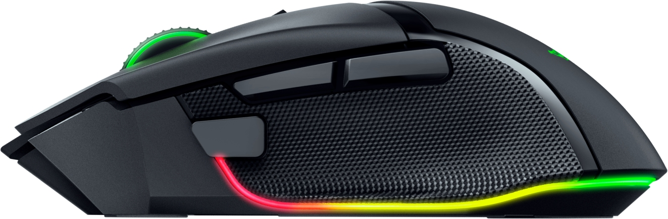 Un mouse da gioco nero con illuminazione RGB. Il lato ha un'impugnatura strutturata.