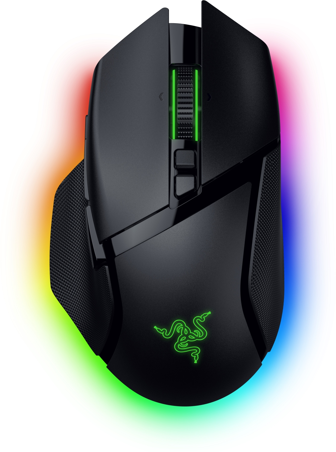 Mouse da gioco nero con illuminazione RGB colorata. Il logo Razer è sul mouse.
