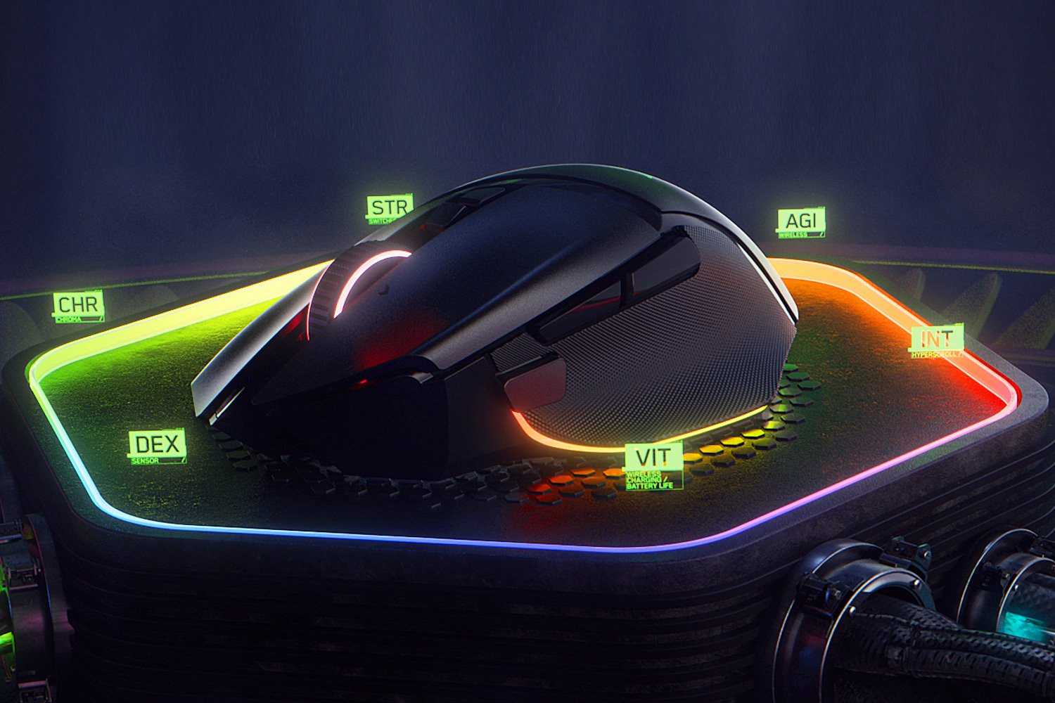 Un mouse da gioco nero con luci colorate ed etichette per le funzioni.
