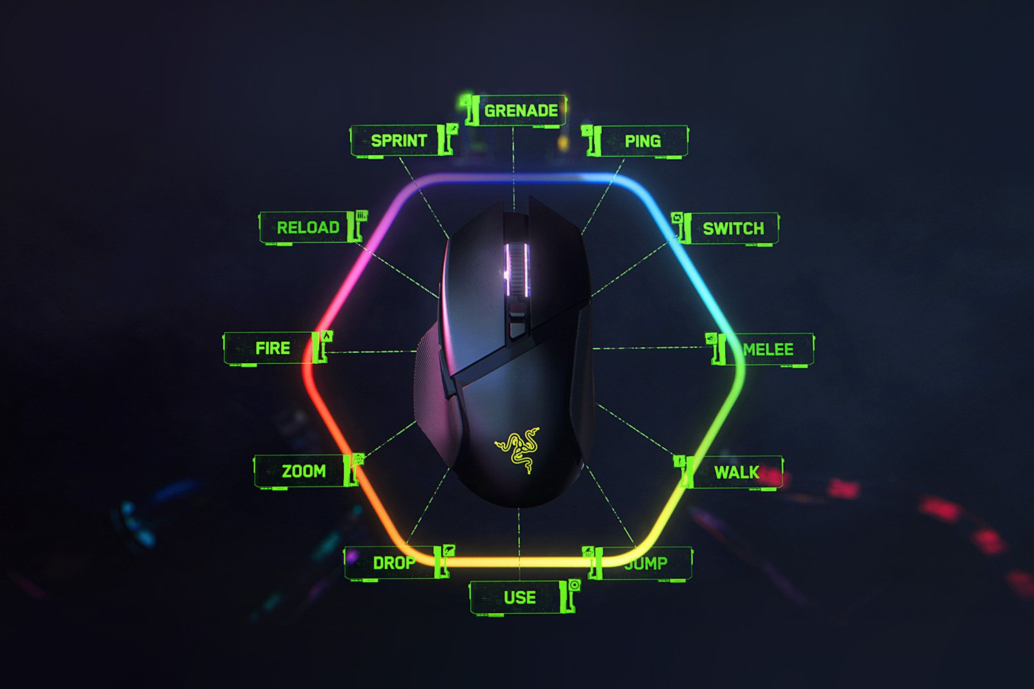 Mouse da gaming con pulsanti etichettati intorno al perimetro. Il mouse è su uno sfondo scuro.