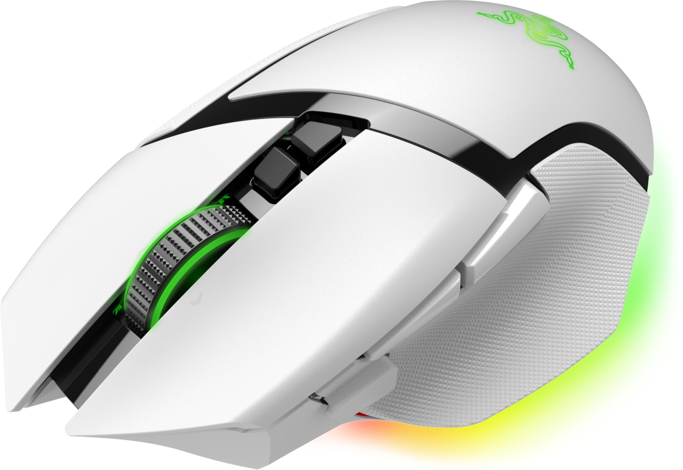 Mouse da gioco bianco con dettagli e luci verdi.