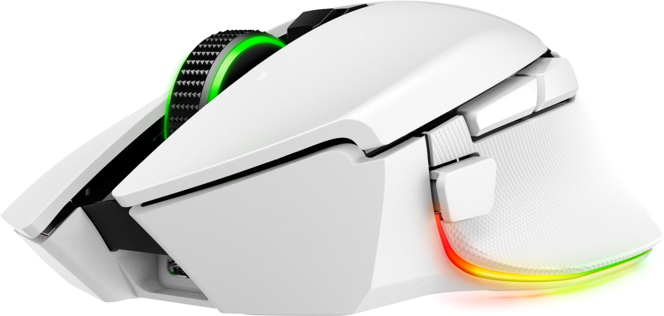 Mouse da gioco bianco con rotella di scorrimento verde e illuminazione RGB alla base.