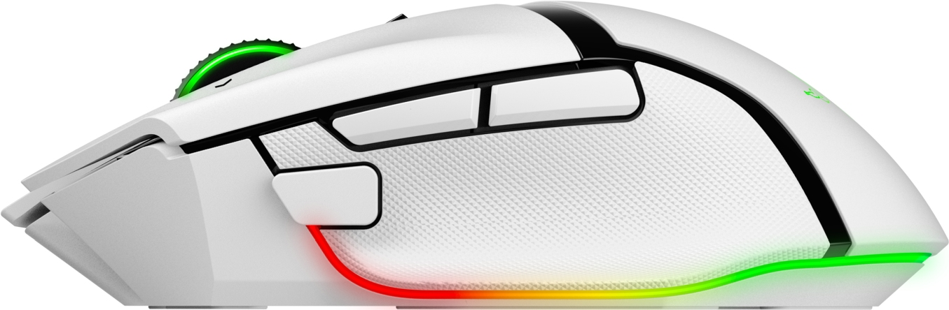 Un mouse da gioco bianco con luce verde e rossa. Ha due pulsanti laterali.