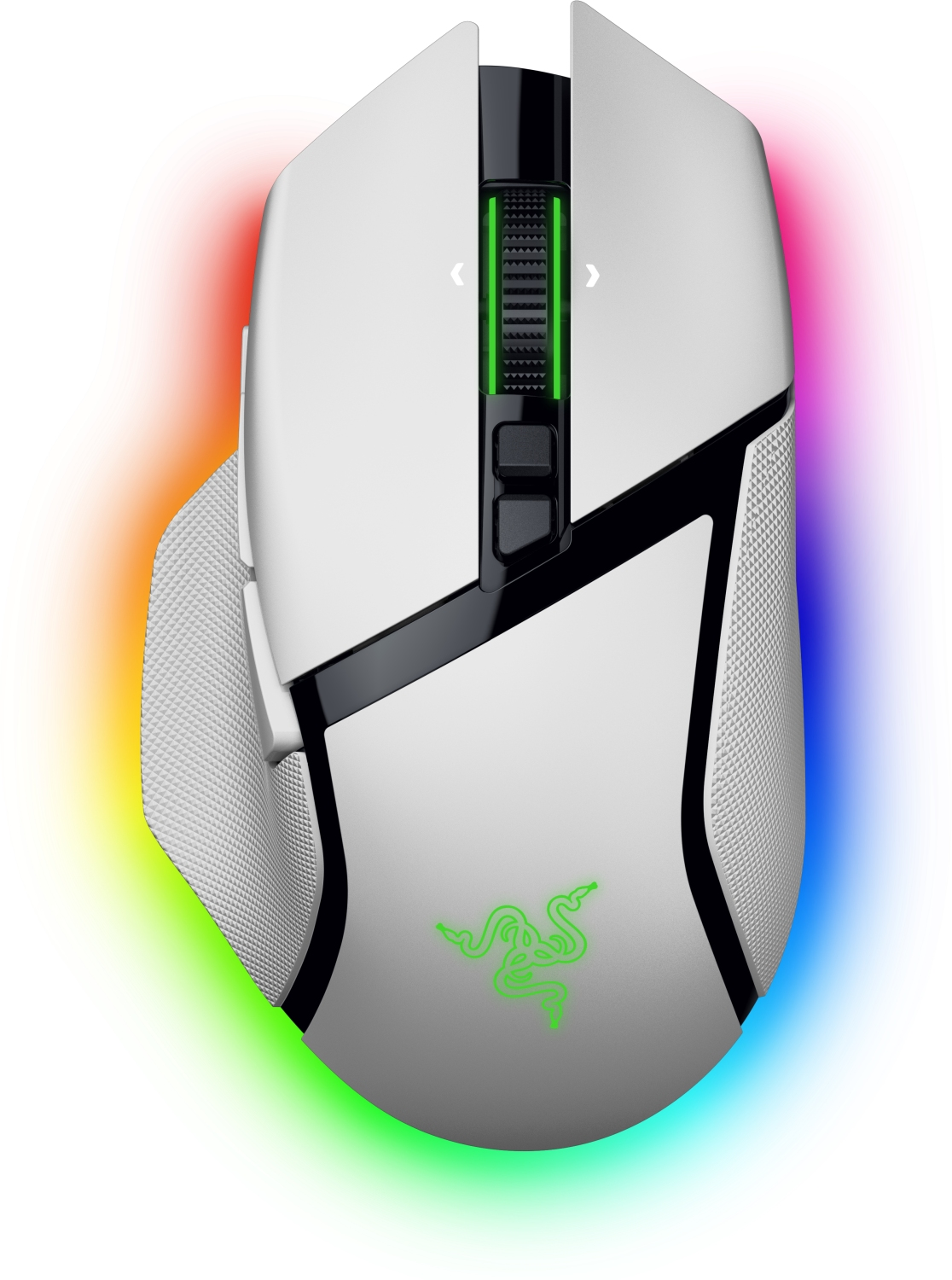 Mouse da gaming bianco con RGB. Logo Razer e rotella di scorrimento. Bordi illuminati.