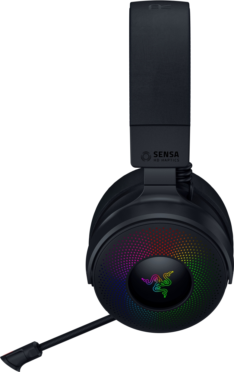Schwarzes Headset mit Mikrofon. Die Ohrmuscheln haben einen bunten Lichteffekt.