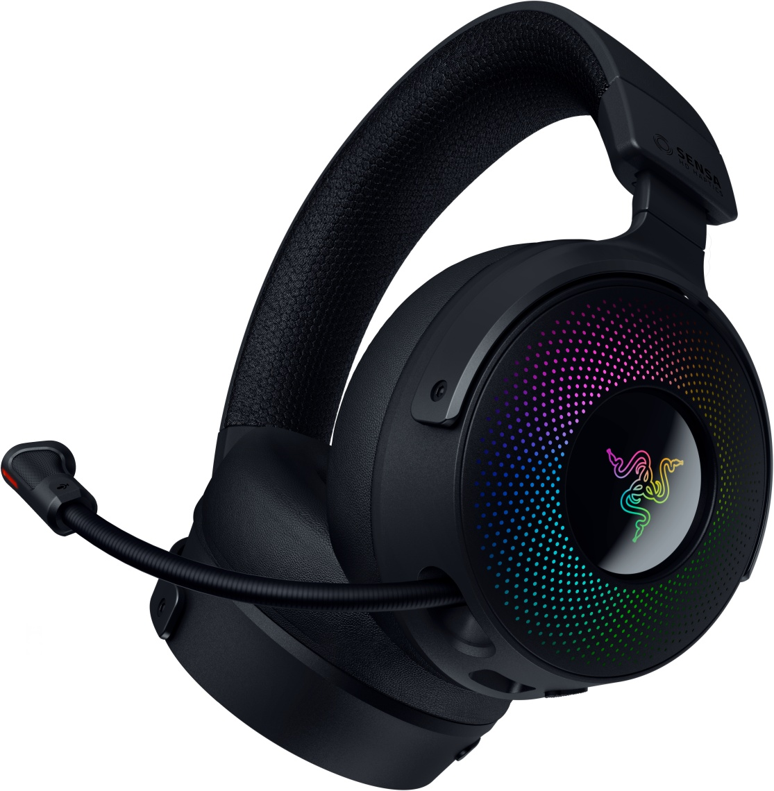 Schwarzes Gaming-Headset mit Mikrofon. Die Ohrmuscheln haben ein mehrfarbiges Lichtdesign.