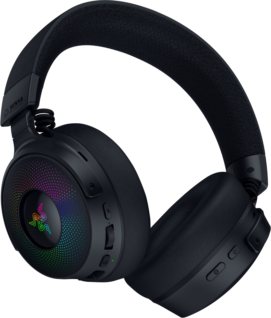 Schwarze Razer-Kopfhörer mit farbenfroher RGB-Beleuchtung.