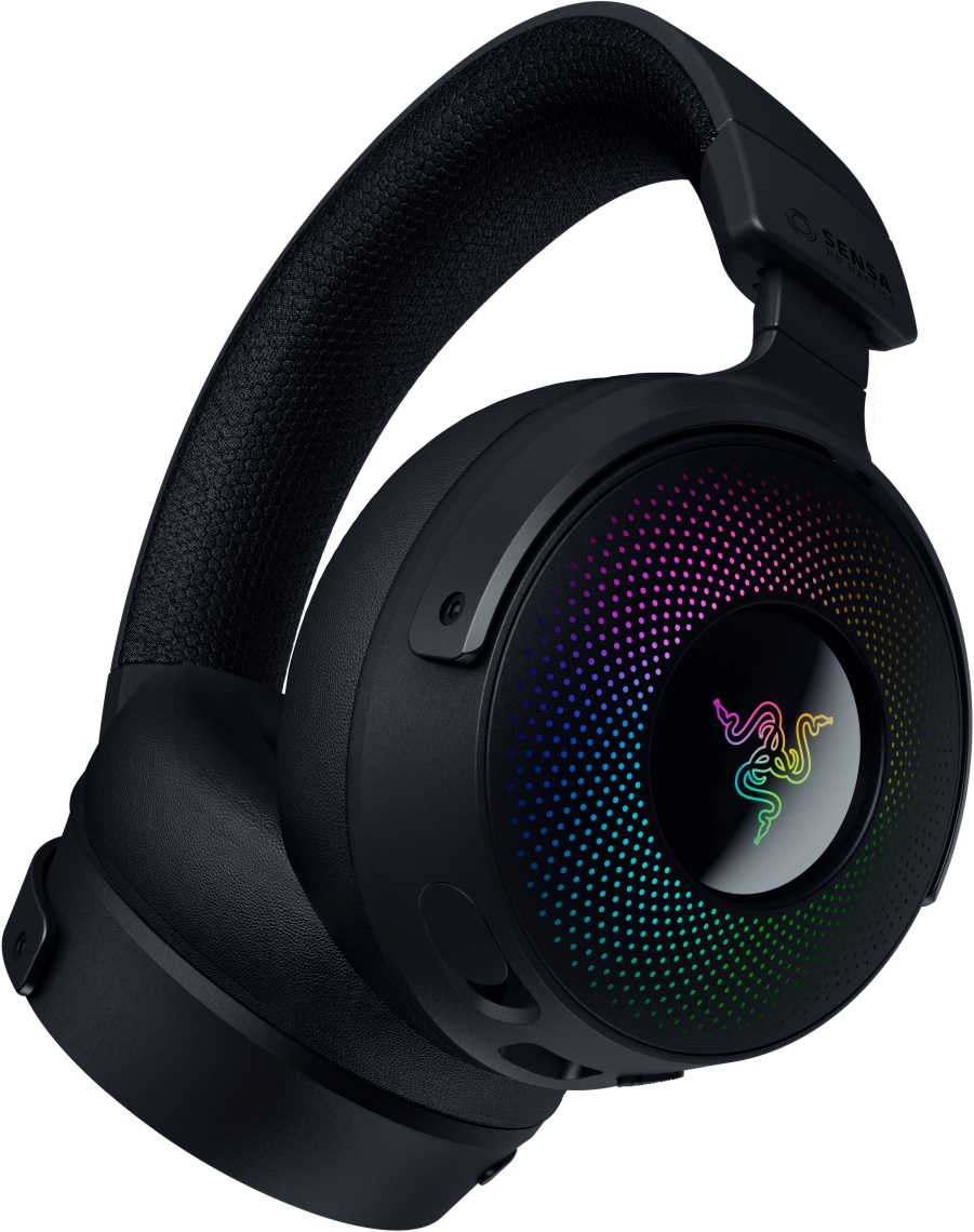 Schwarze Razer Kopfhörer mit bunten Lichtern auf den Ohrmuscheln. Das Razer Logo ist sichtbar.