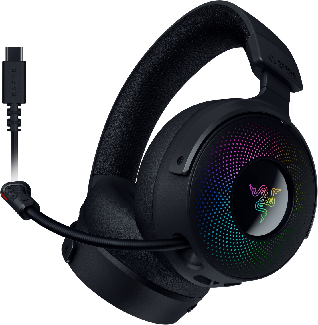Schwarzes Razer-Gaming-Headset mit Mikrofon, USB-Anschluss und mehrfarbiger Beleuchtung.