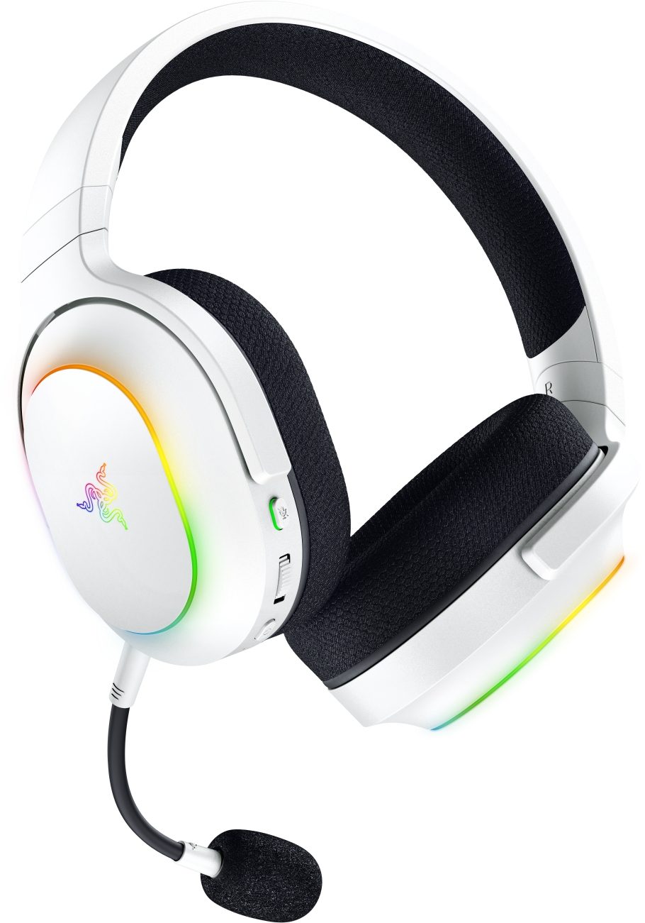Weißes Razer-Headset mit Regenbogenbeleuchtung, Mikrofon und Bedienelementen.