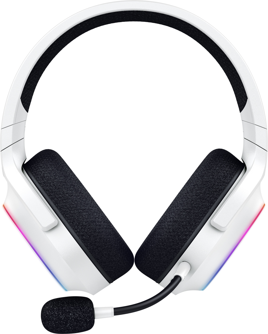 Ein weißes Gaming-Headset mit Mikrofon. Die Ohrmuscheln haben schwarze Polster und RGB-Lichter.