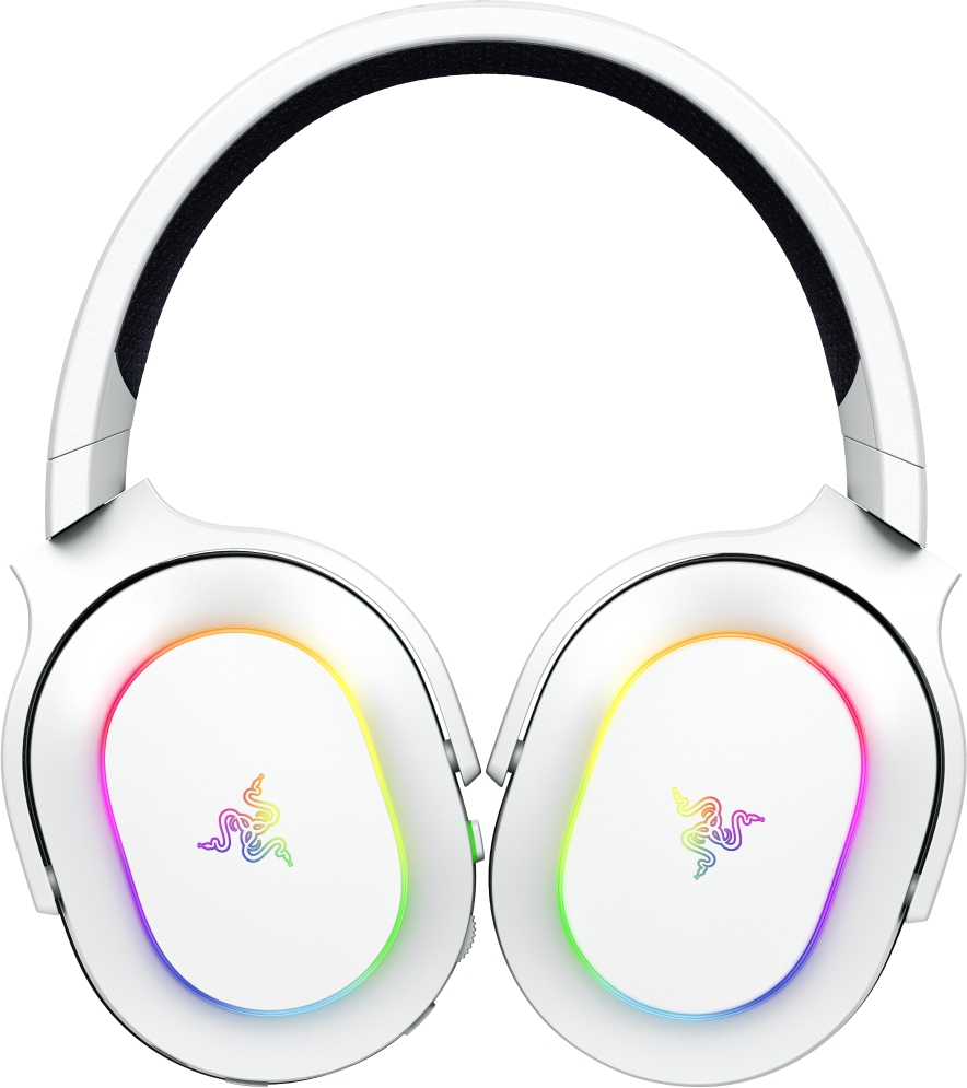 Weiße Razer Gaming-Kopfhörer mit regenbogenfarbenen Ohrmuscheln und einem weißen Stirnband.