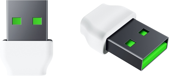 Weißer USB-Adapter mit schwarzen und grünen Anschlüssen, zwei Ansichten auf Weiß.