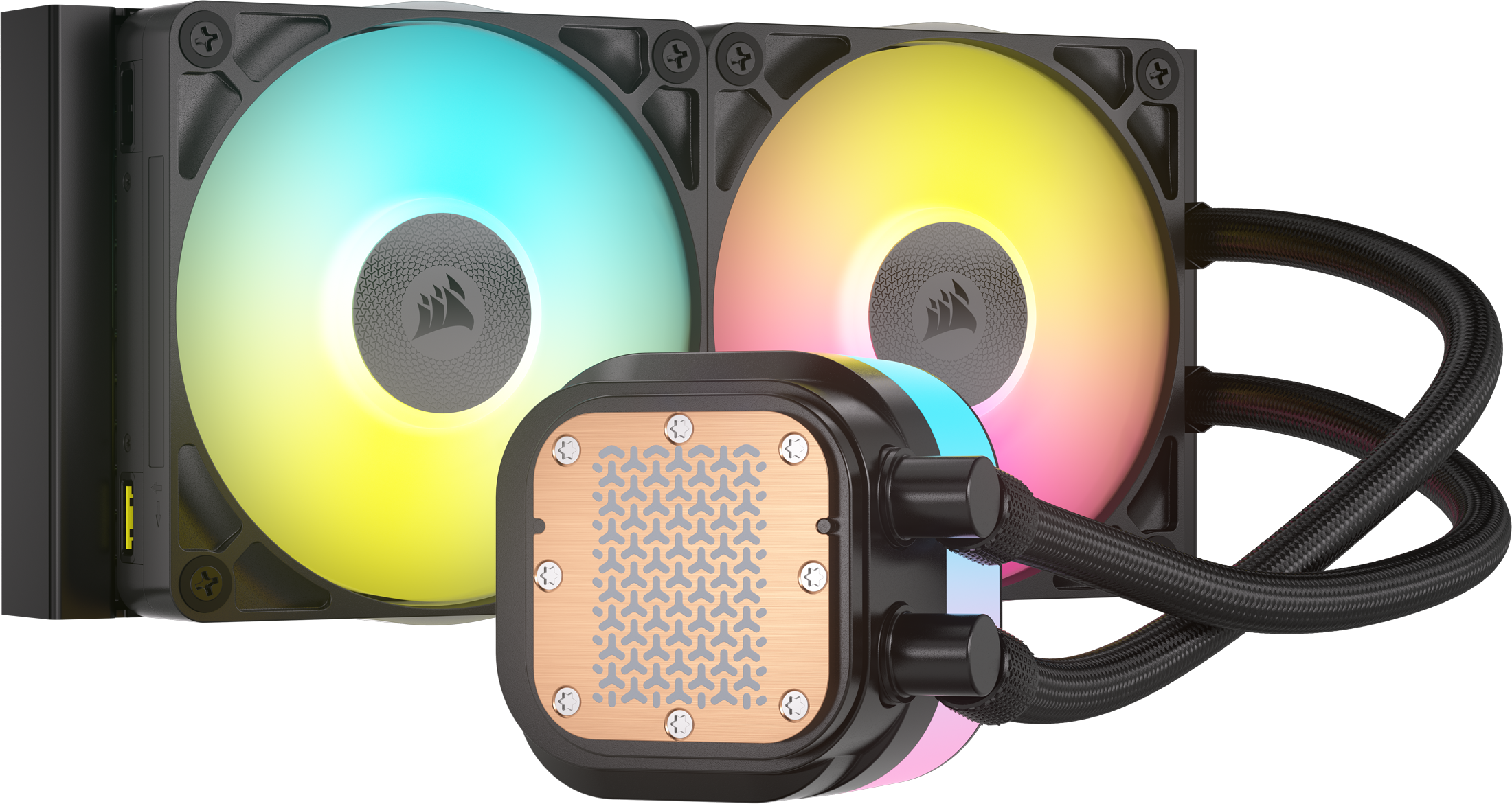 Un dissipatore a liquido per PC con due ventole, le ventole sono multicolore. Il blocco centrale è in rame.