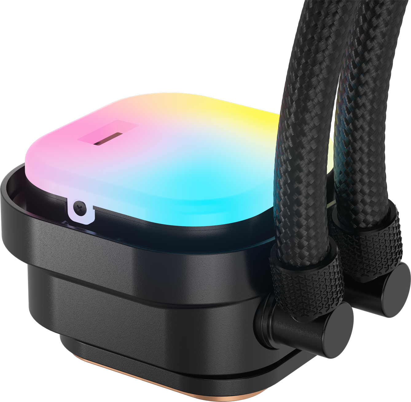 Sistema di raffreddamento a liquido nero e grigio. Illuminazione RGB sopra. Sfondo nero.