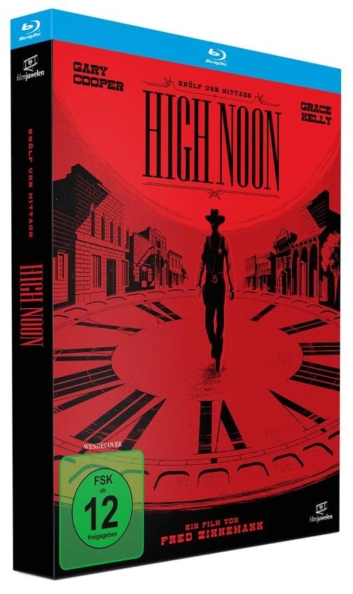 Filmcover, roter Hintergrund, Cowboy-Silhouette, Zifferblatt, Gebäude, Titel 'High Noon'.