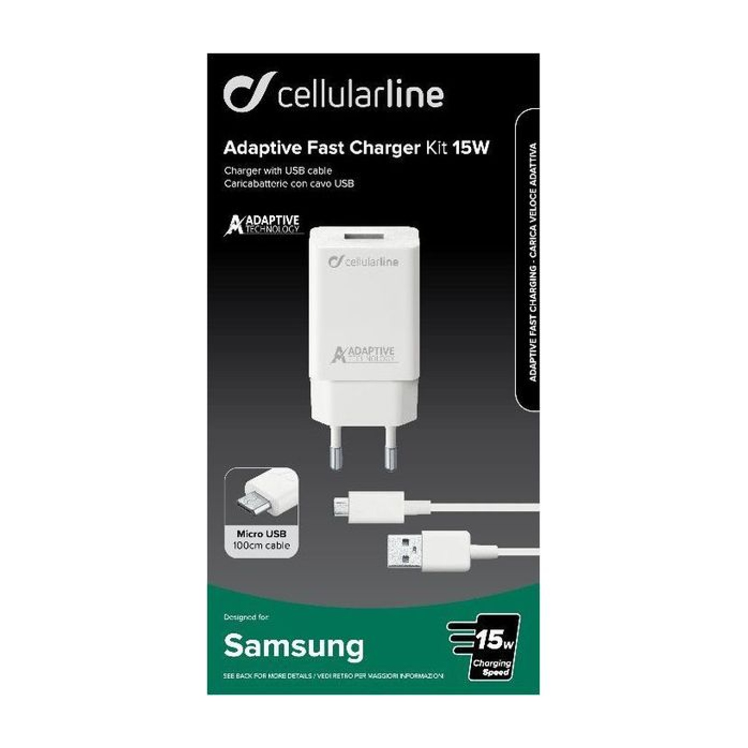Kit caricatore rapido adattivo Cellularline in confezione, per telefoni Samsung.