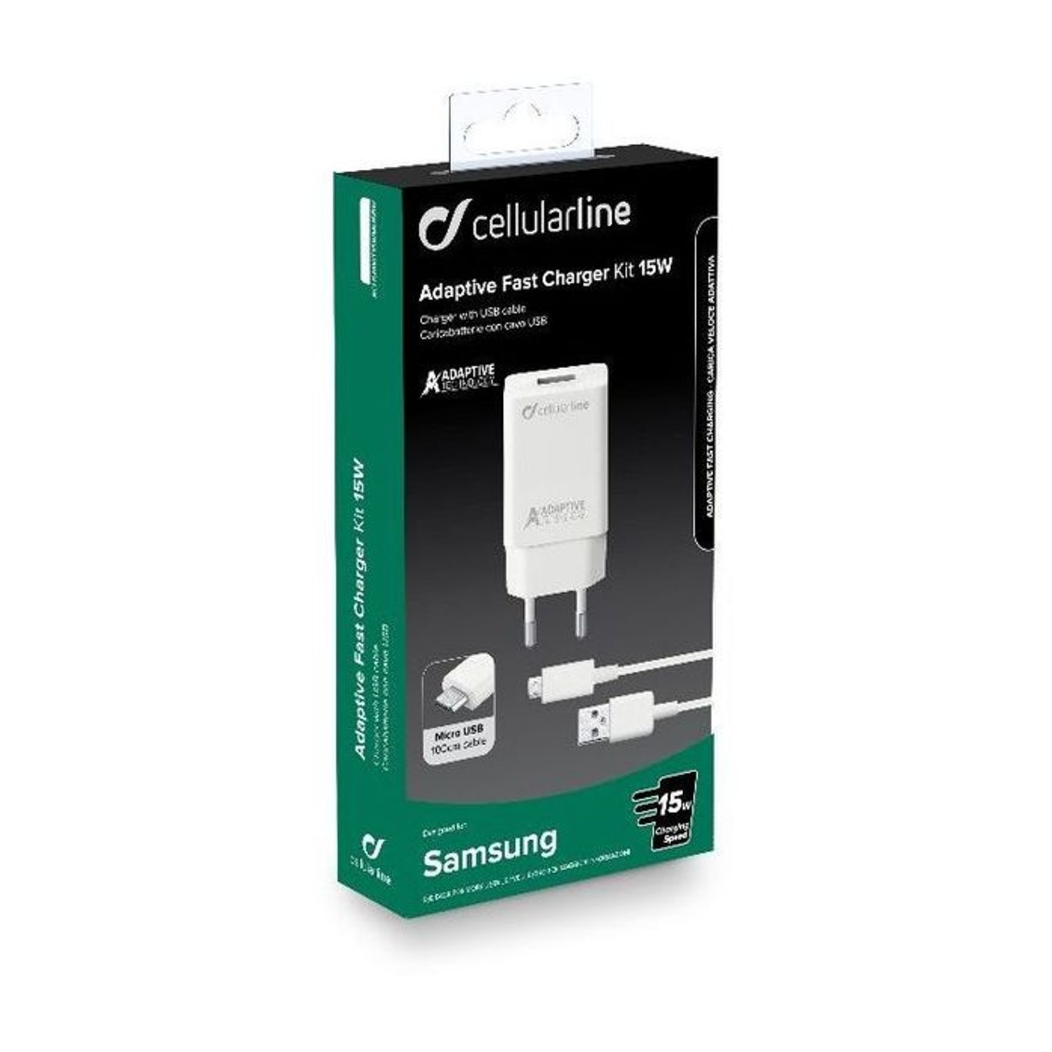 Scatola del kit caricabatterie Cellularline, caricabatterie bianco e cavi visibili.