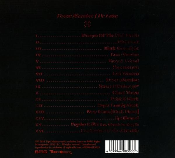 Schwarzes Albumcover mit einer Liste von Songs in roter Schrift.
